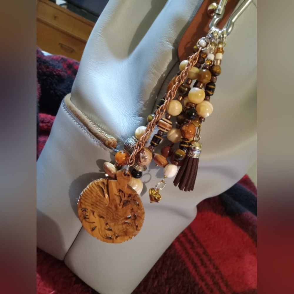 Religious  hand crafted beaded purse charm